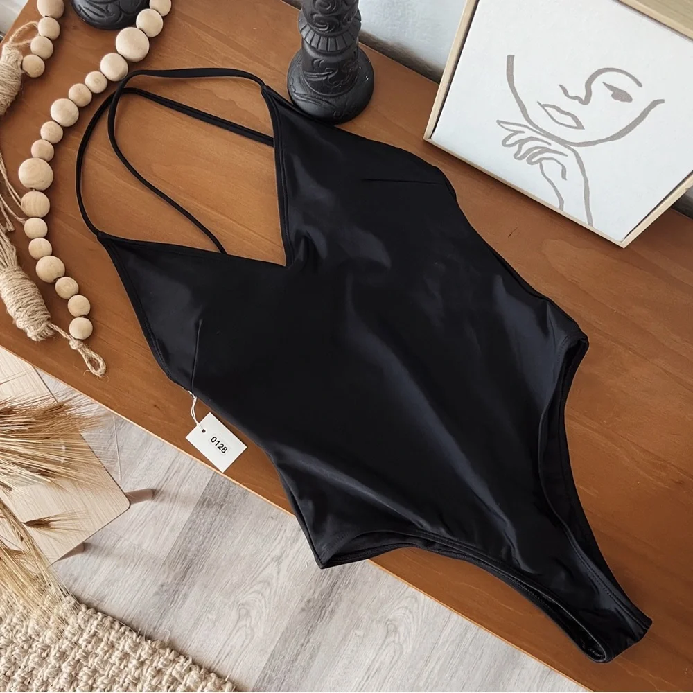 CRISSCROSS BACK BLACK ONE PIECE SWIMSUIT - Picture 1 of 5